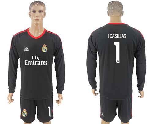 Real Madrid #1 I Casillas Black Goalkeeper Long Sleeves Soccer Club Jersey